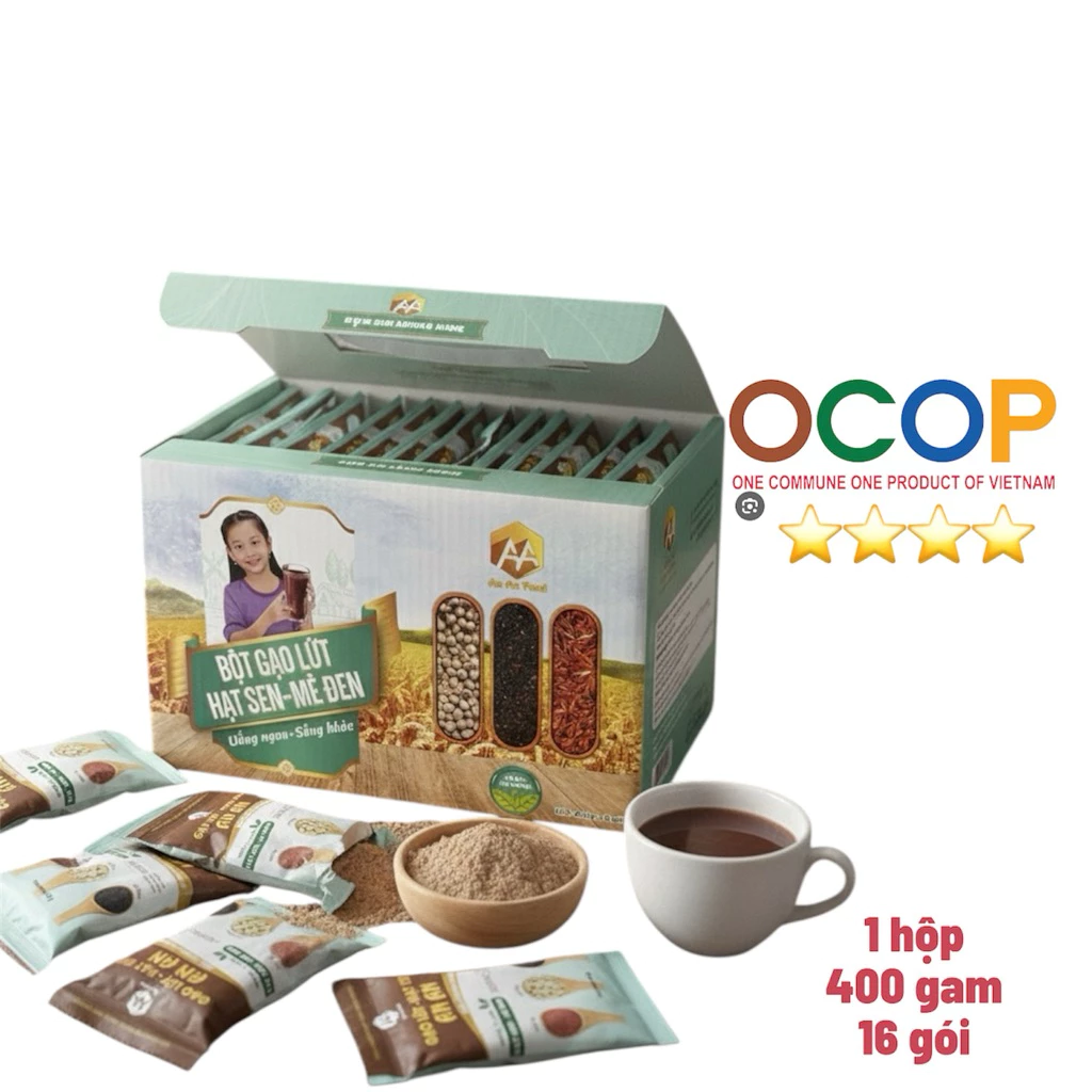 Bột Gạo Lứt Hạt Sen Mè Đen(1 hôp/16), Xương Khớp, Giấc Ngủ, Không Đường-OCOP thay thế bửa ăn healthy