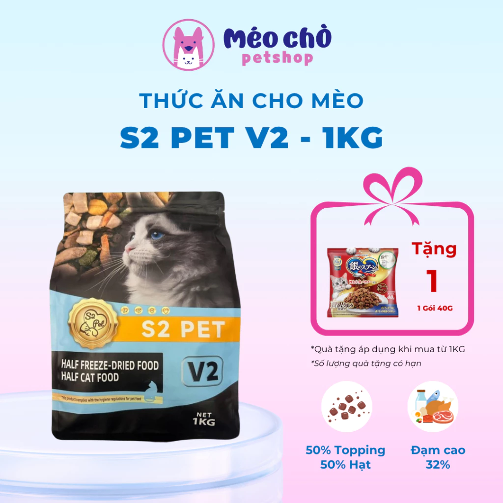 Hạt cho mèo S2 pet V2, đạm cao 32%, 70% topping, tiêu búi lông, kích thích ăn ngon cho mèo kén ăn