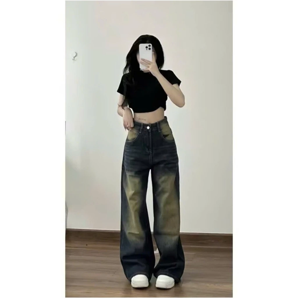 Quần Jean Ống Rộng Suông đứng Nữ Dáng Dài màu RETRO , Quần Bò Nữ Ống Suông Rộng Phong Cách Vintage cực tôn dáng