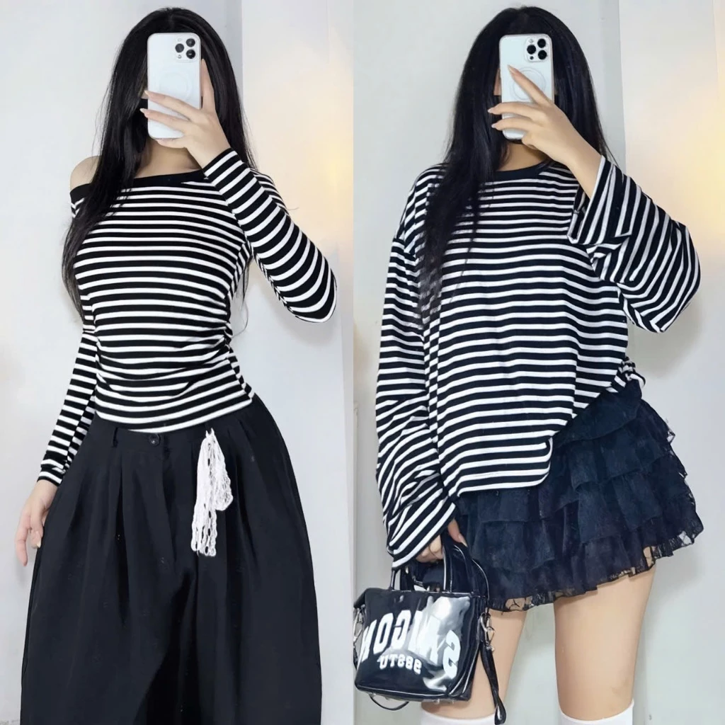 [ MỞ BÁN] ÁO THUN LỆCH VAI TAY DÀI HOẠ TIẾT KẺ SỌC ÔM BODY BASIC ANDYSHOP
