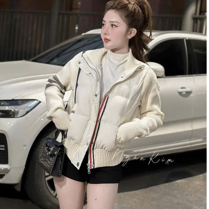 Áo Khoác Phao Nữ Bản Tay Len Co Dãn Ấm Áp Phối Sọc Tay Đơn Giản Bản Trần Bông 3 Lớp Dày Dặn