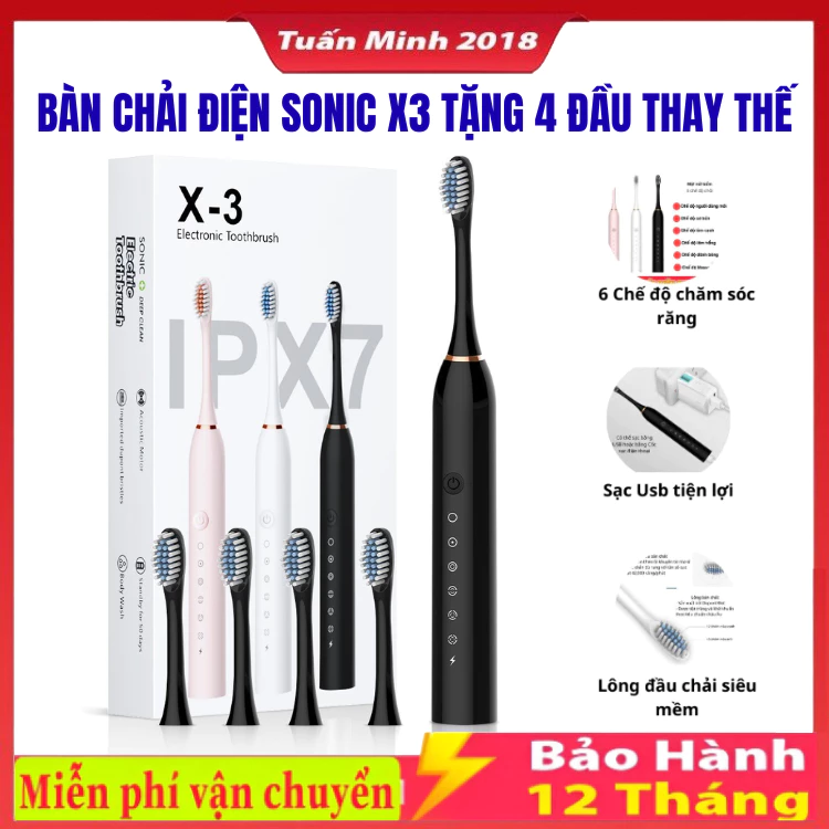 Bàn Chải Điện Sonic  - Công Nghệ Sóng Âm, Chải Sạch Mảng Bám - Tặng kèm 4 đầu thay thế