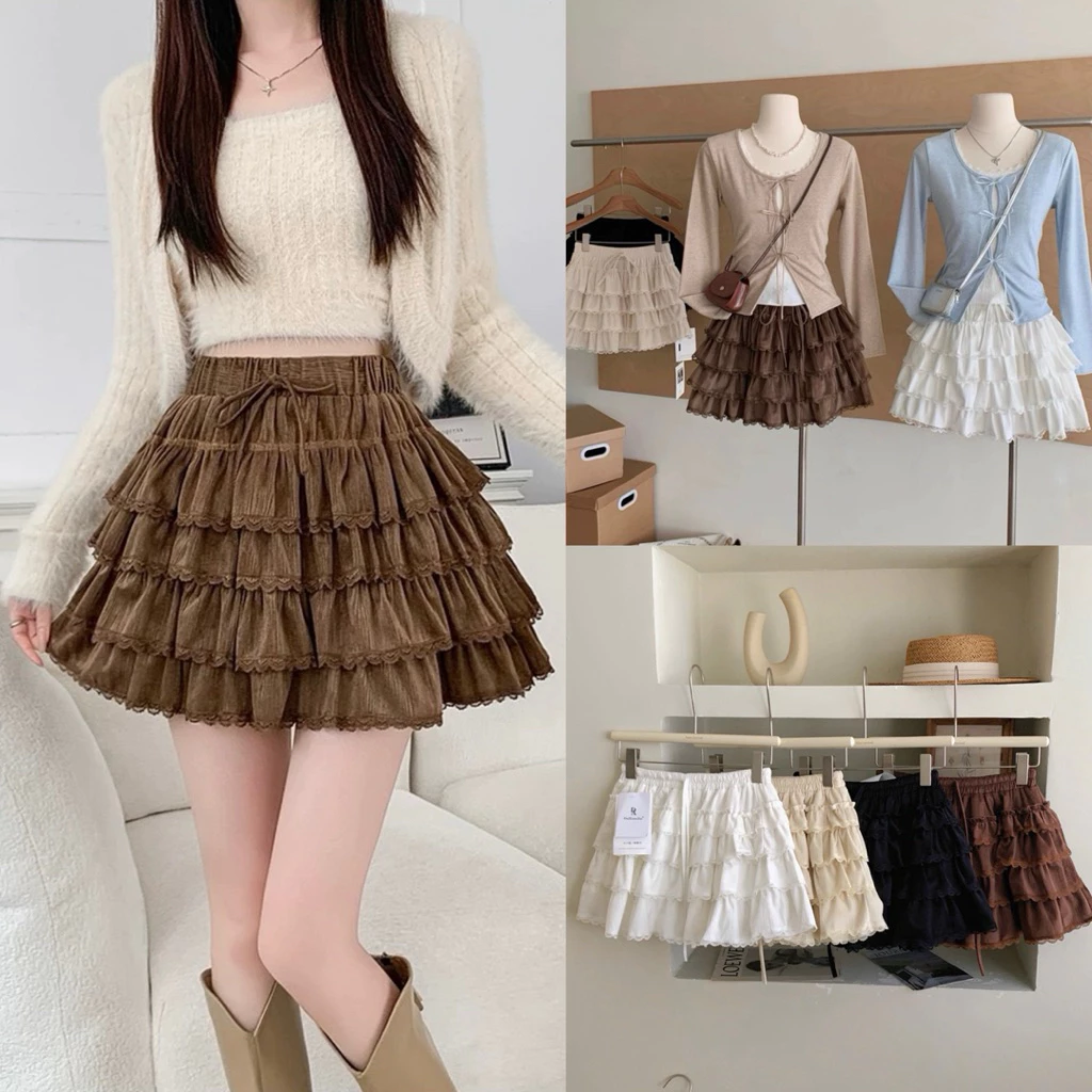 Chân váy nhung tăm form ngắn xếp tầng phối viền ren nhiều màu có quần bảo hộ