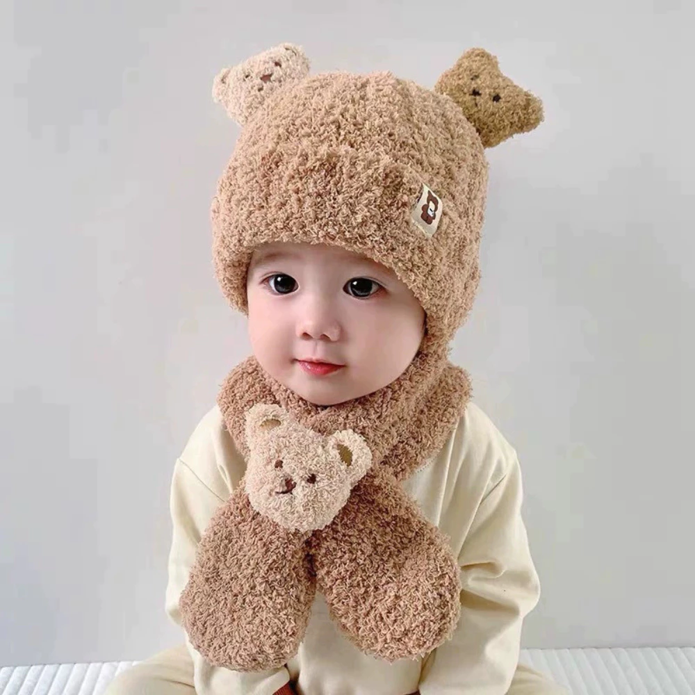 Mũ Len Gấu 3D Lông Cừu Cho Bé DIDOOGLT Kèm Khăn Quàng Cổ ( Mũ Khăn Có Thể Tách Rời)