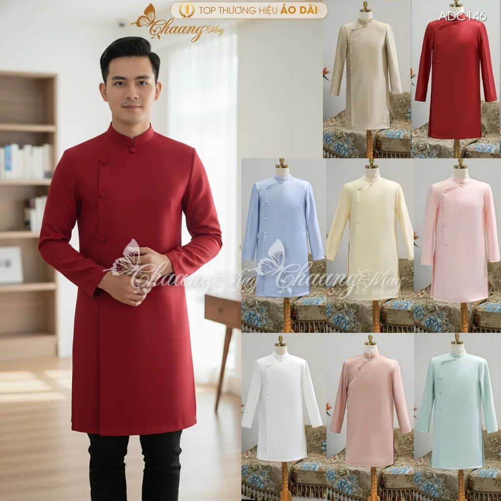 Áo dài Nam cách tân truyền thống CHAANG may sẵn áo dài tân thời màu đỏ đô dự tiệc cưới lễ tết đẹp ADC146
