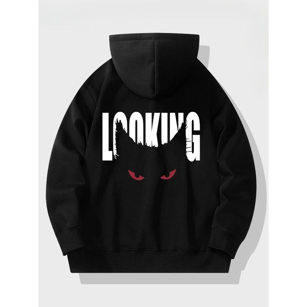 Áo Hoodie Nam Nữ HappyTee - Mẫu HOODIE LOOKING đôi mắt Mèo – Đơn giản mà chất 3 màu Đen Kem Trắng