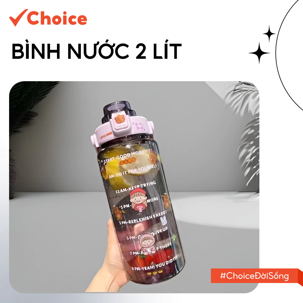 [New] [Choice] Bình Nước 2 Lít LS1-0657-32 Cho Người Lười Uống Nước, Thiết Kế Cute Có Vạch Chia Giờ
