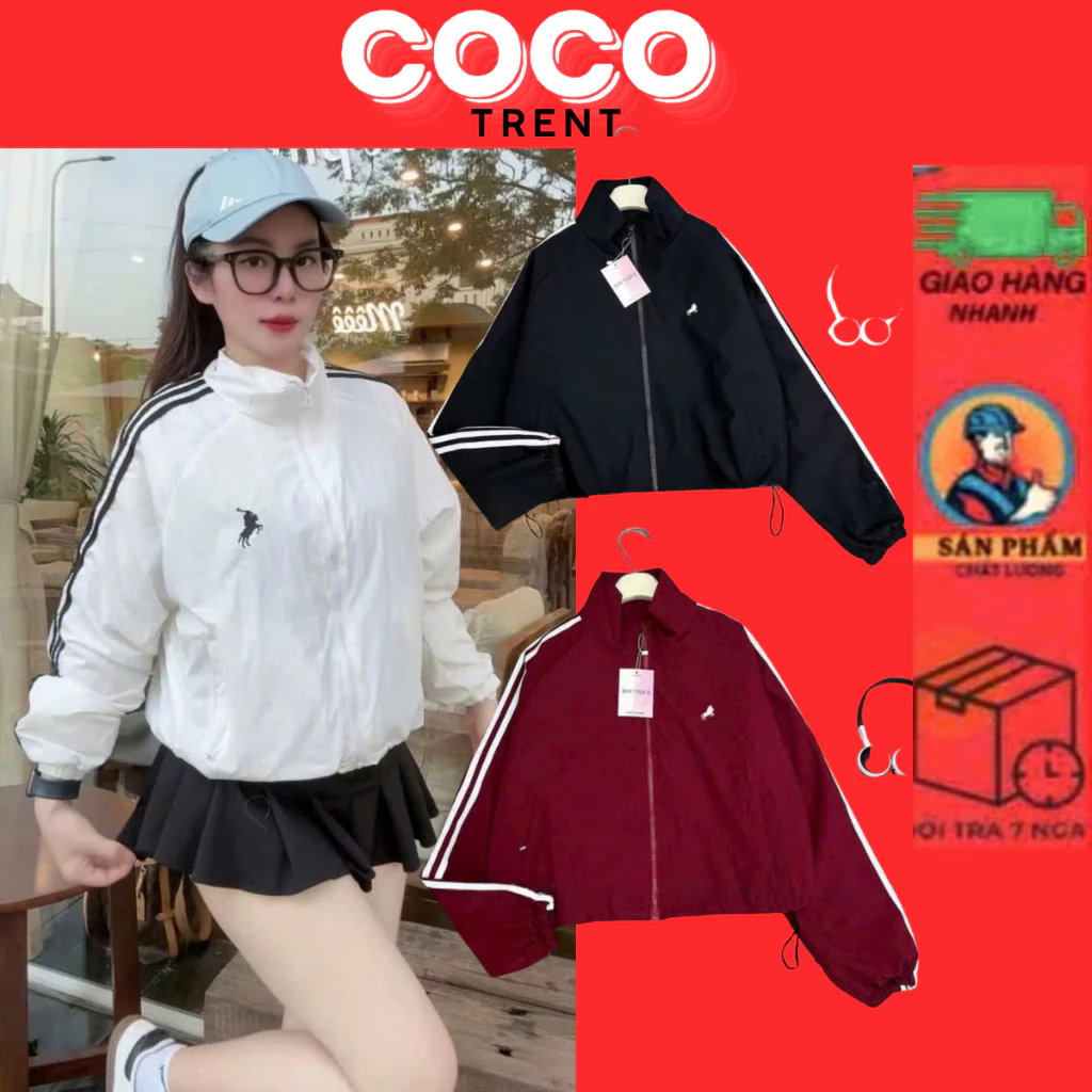 Áo Khoác Gió Nam Nữ Thêu Ngựa Phối Sọc Tay Siêu Đẹp Form Rộng Chất Vải Gió 2 Lớp Dày Dặn Có Dây Rút - COCOTRENT