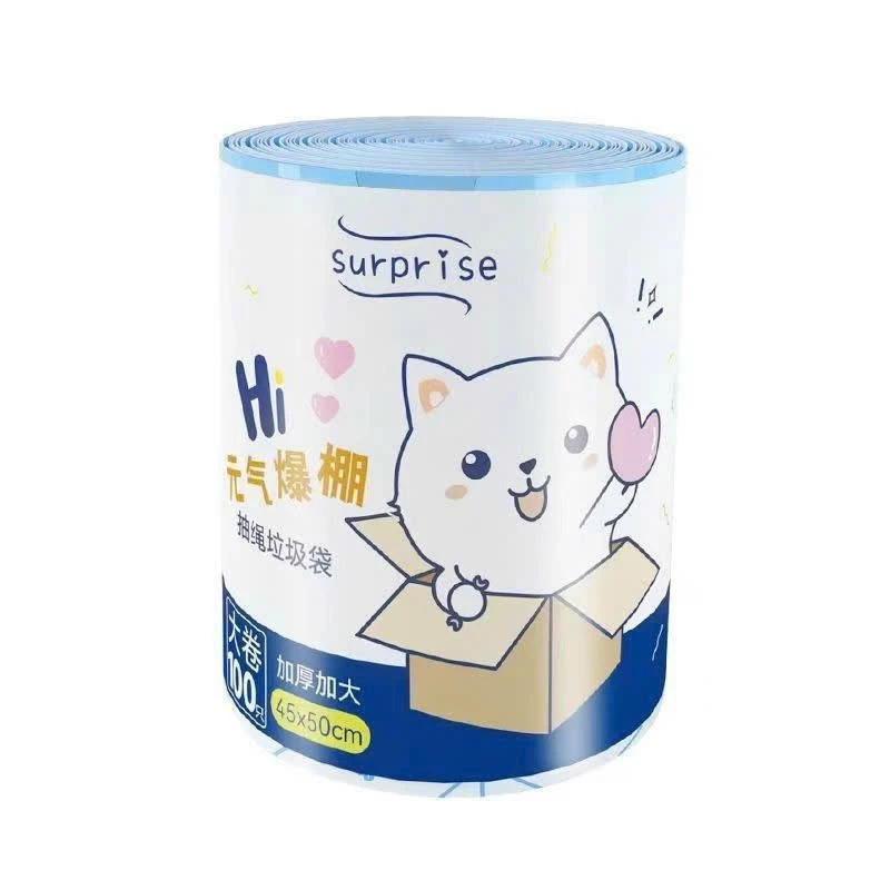 Cuộn 100 túi rác dây rút hình mèo siêu dai có quai xách kt 45x50cm