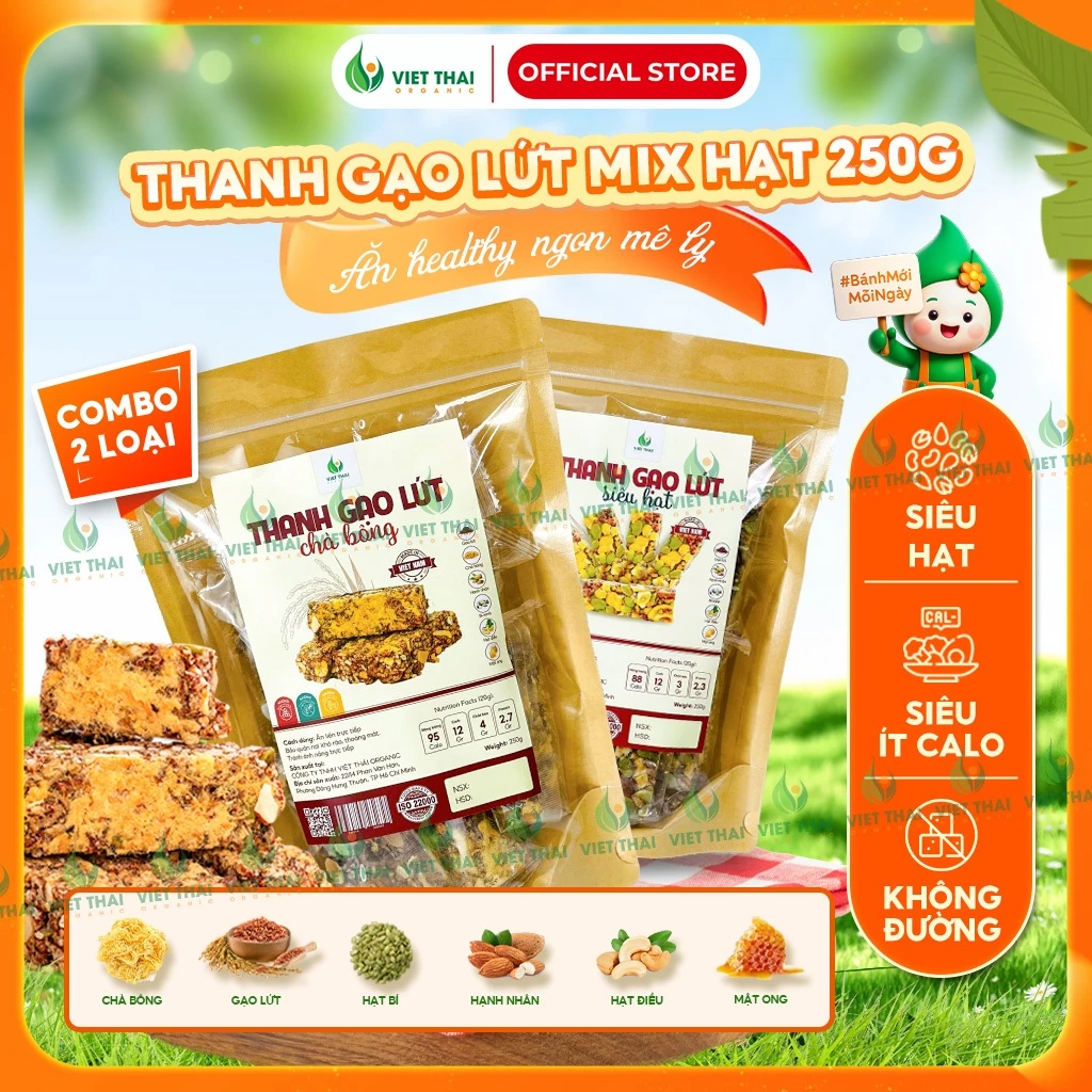 [BÁN CHẠY] Thanh Gạo Lứt Siêu Hạt Chà Bông- Thanh Năng Lượng Bánh Ít Calo Không Đường Ăn Vặt Healthy