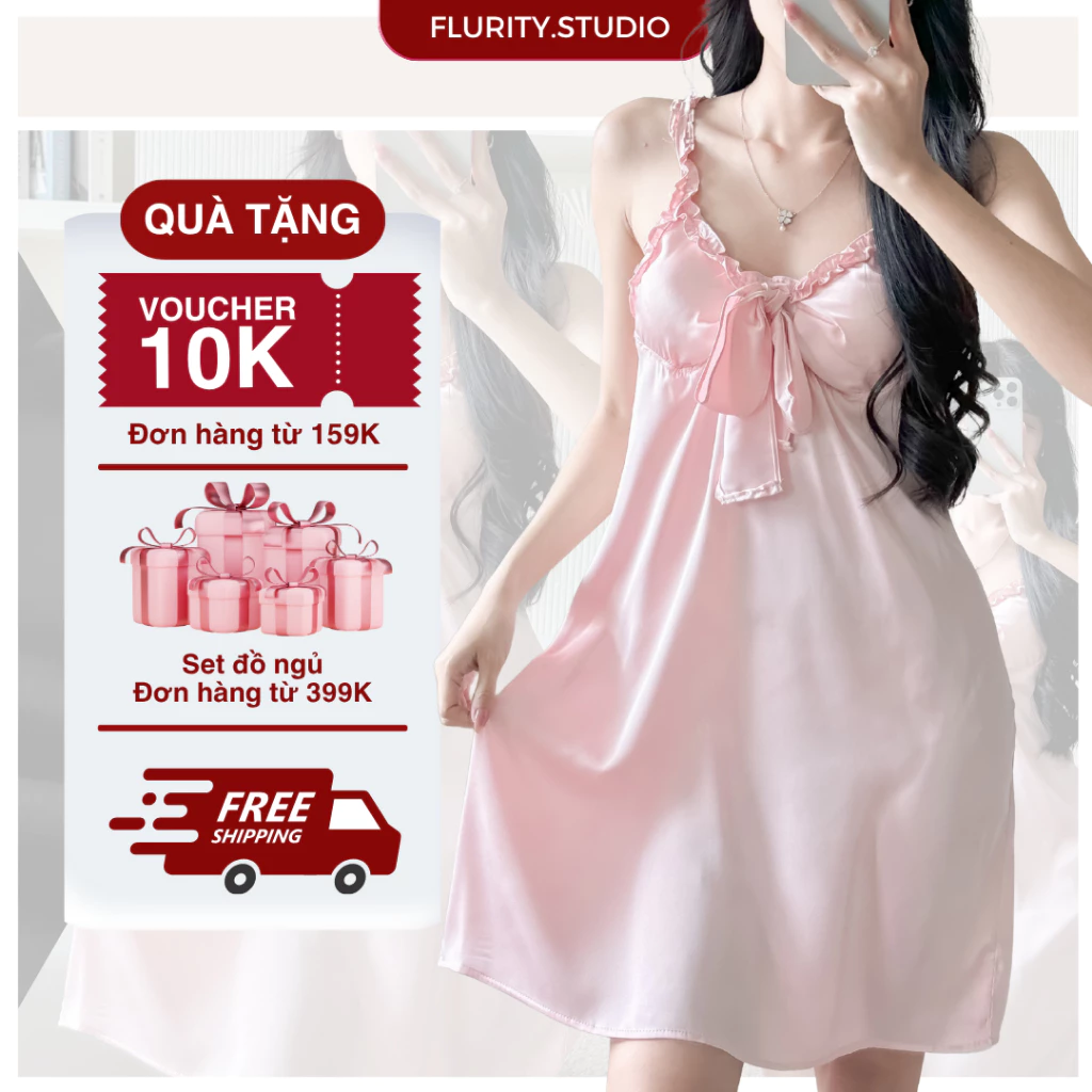 Đầm Ngủ Thiết Kế Mặc Nhà Trái Tim Dây Xoắn Có Mút Ngực Form Chữ A Lụa Latin Mịn FLURITY - LUNA DA2DLU392