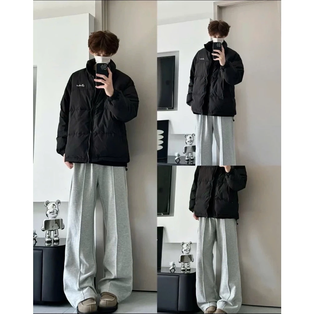 Quần Nỉ Nam Kẻ Gân 2 Da Suông Ống Rộng Cạp Chun Dây Rút Quần Nỉ Unisex Thu Đông Phong Cách Hàn Quốc