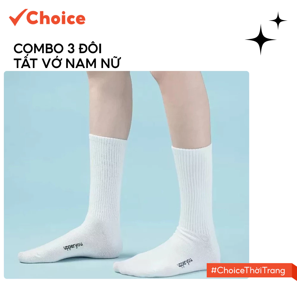 [New] [Choice] Combo 3 Đôi Tất Vớ Nam Nữ Gân Trơn Cổ Cao UP7 Cotton, 2 Màu Đen Trắng, Dày Dặn, Êm Ái