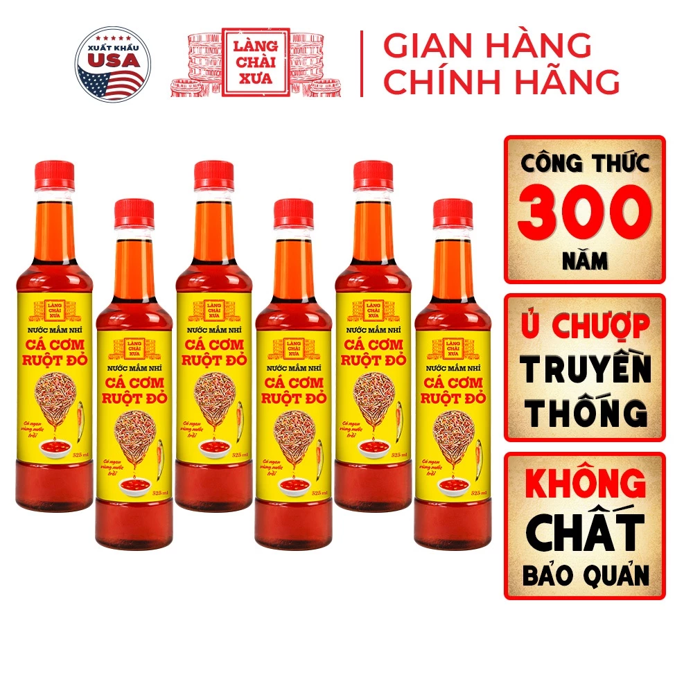 [TẶNG 1 NƯỚC TƯƠNG 125ML] Thùng 6 chai Nước mắm nhỉ truyền thống cá cơm ruột đỏ Làng Chài Xưa 525ml