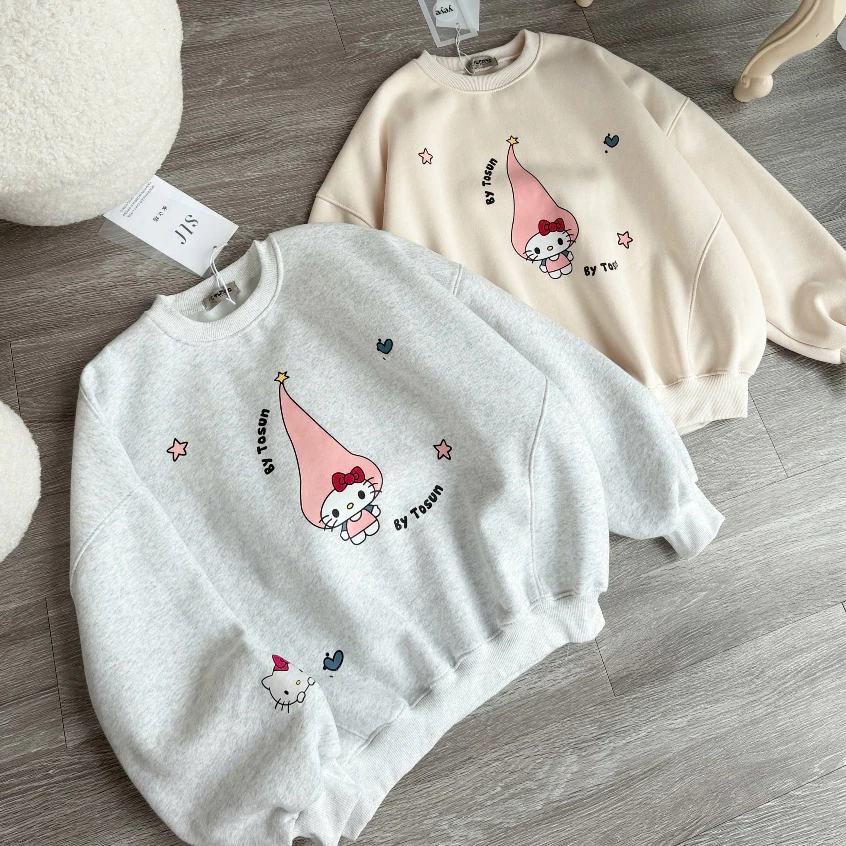 Áo sweater nỉ 2 Da cao cấp không bai xù form boxy cho nữ in hình mèo mũ dài 2 màu be, xám By Genz