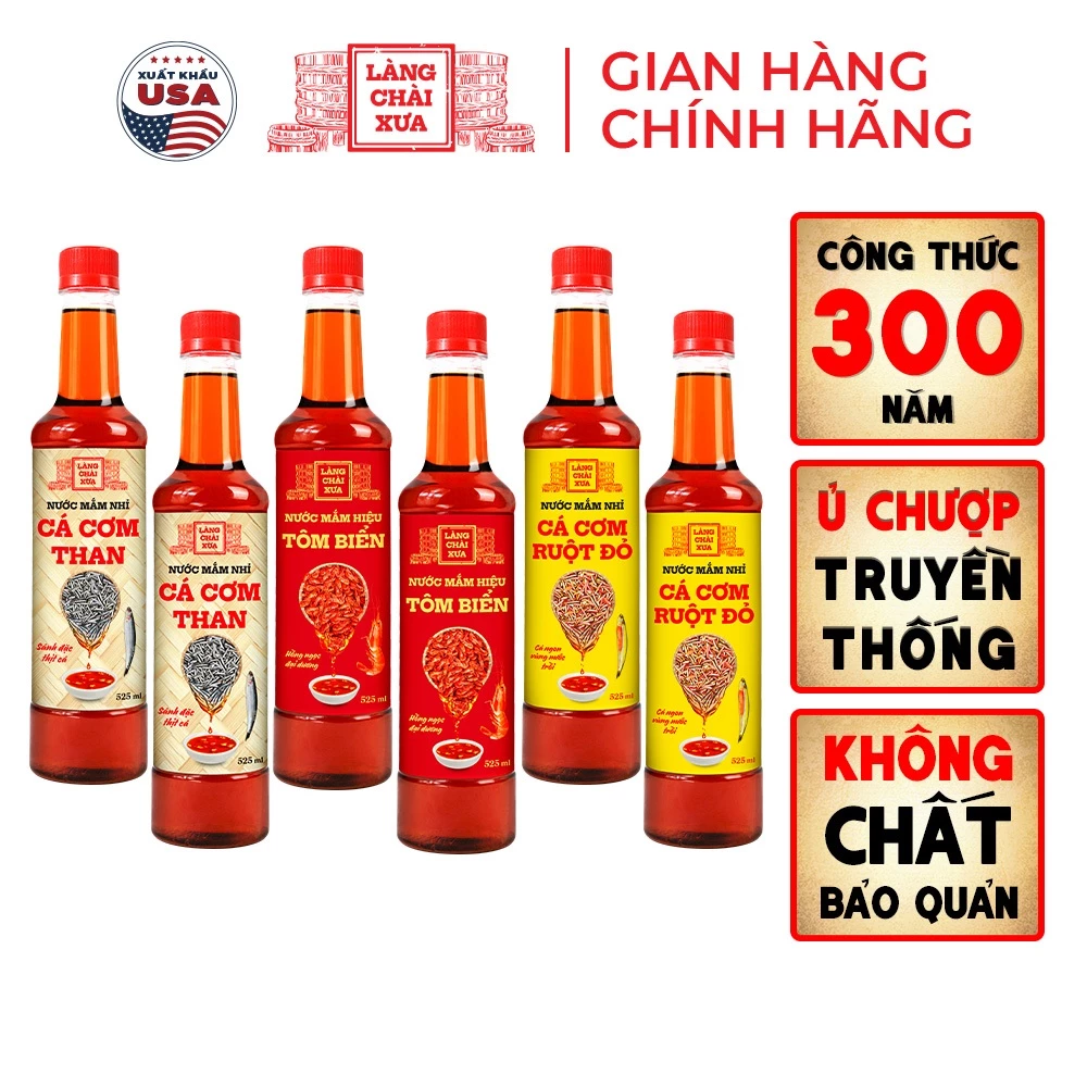 [TẶNG 1 NƯỚC TƯƠNG 125ML] Thùng 6 chai (3 Vị Than - Vàng - Tôm) Nước Mắm Nhỉ Truyền Thống Làng Chài Xưa 525ml/chai nhựa