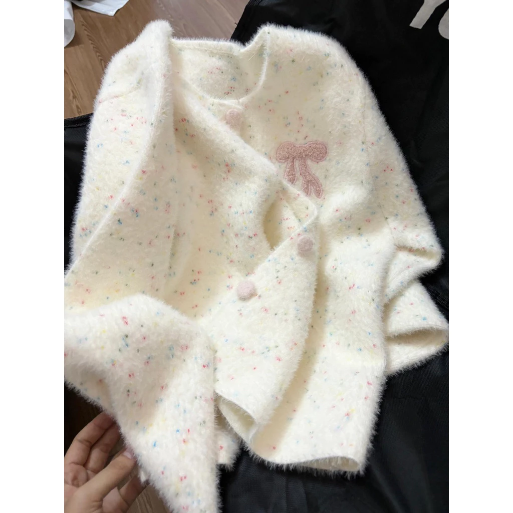 [Sẵn Ship-727] Khoác cardigan len lông Trắng nơ cho nữ form thoải mái chút độ dài ngang mông chất len dày dặn dễ phối Đồ