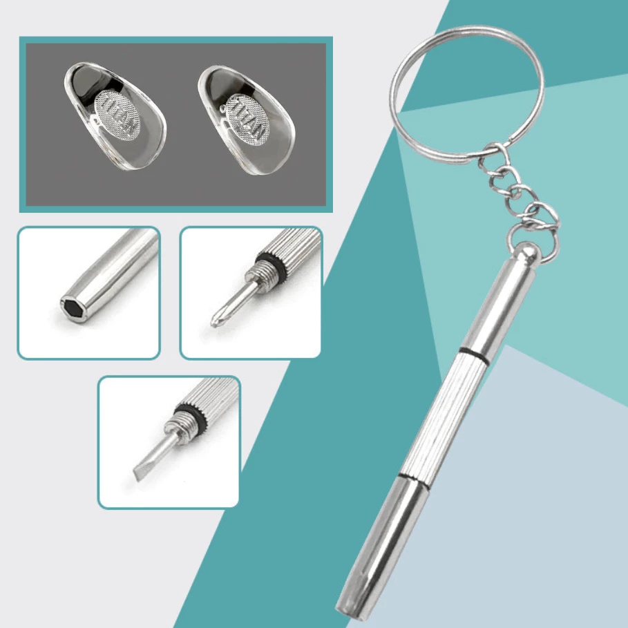 Tua vít vặn ốc mini và Đệm Mũi mắt kính Titan bọc Silicon cao cấp, dụng cụ thay đệm mũi thế tại nhà