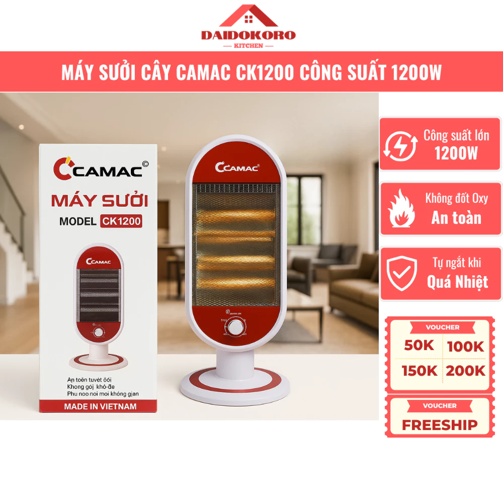 Máy Sưởi Hồng Ngoại Camac CK1200 Công suất 1200W Không Đốt Oxy, Tự Ngắt An Toàn Chống Quá Nhiệt