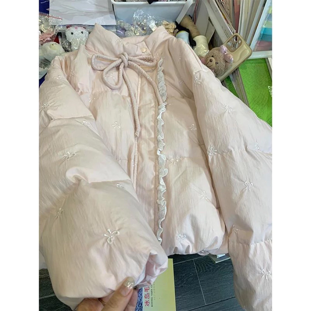 𝐘𝐮𝐫𝐢.𝐬𝐭𝐨𝐫𝐞 Áo Phao Hồng Nơ Pastel Màu Đáng Yêu Ấm Áp