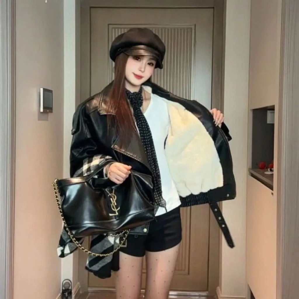 𝐘𝐮𝐫𝐢.𝐬𝐭𝐨𝐫𝐞 Áo Khoác Da Lót Lông Mềm Dáng Rộng Mặc Mùa Đông(sẵn sl ít lẻ size)