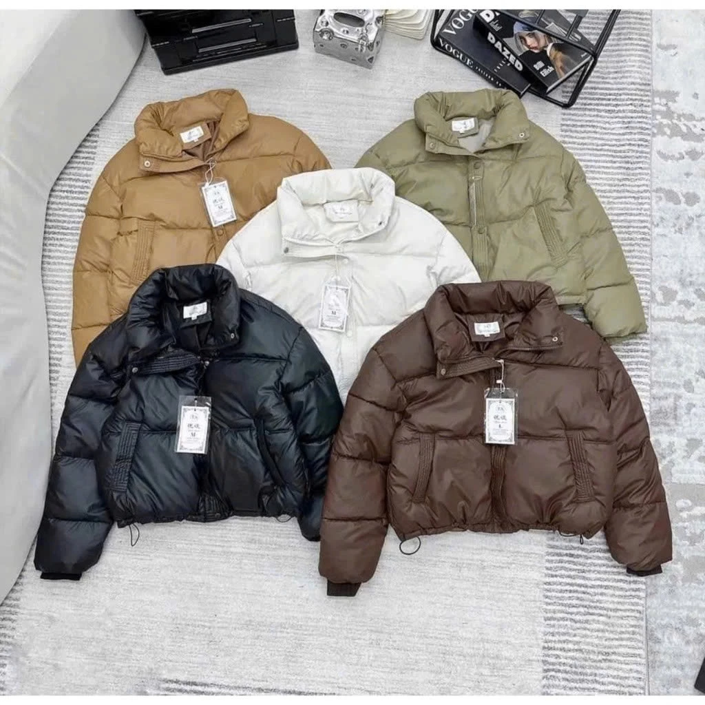 Áo phao béo nữ dáng croptop, áo khoác phao cổ cao hai lớp bo chun ống tay phối cúc bấm dày dặn ấm áp
