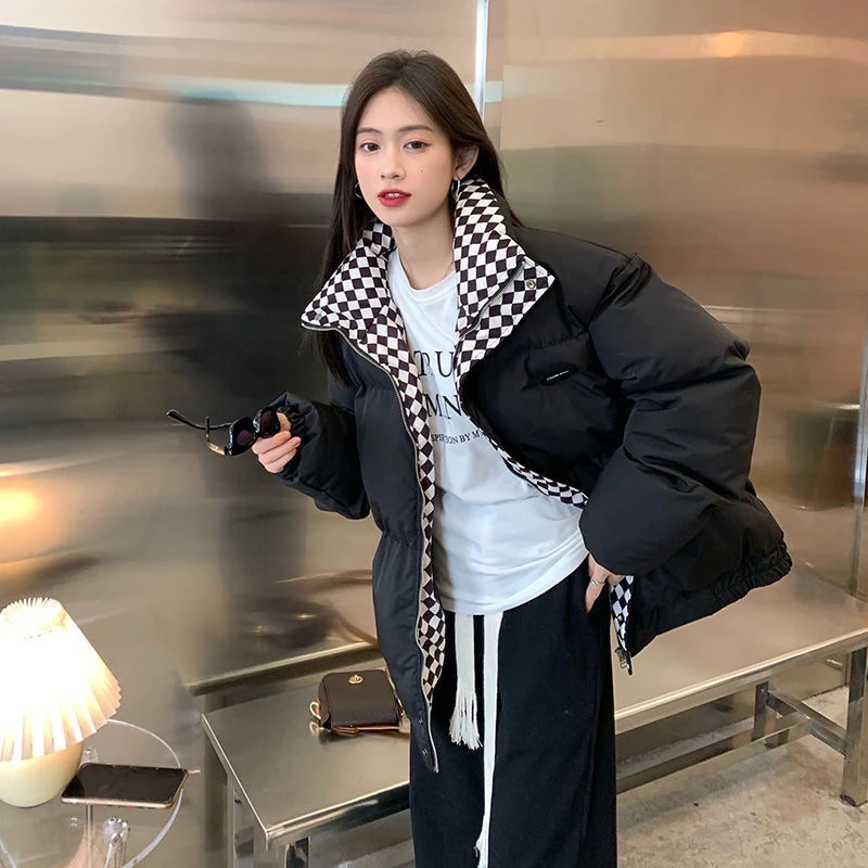 Áo Khoác Phao Béo Nam Nữ Unisex Màu Nâu Đen, Áo Khoác Phao Đôi Cổ Kẻ Caro Phong Cách Ulzzang Hàn Quốc
