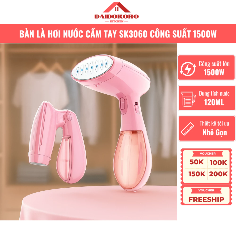 Bàn Là Hơi Nước Cầm Tay Vovi SK3060 Công Suất 1500W, Bàn Ủi Hơi Nước Mini Cầm Tay Gấp Gọn