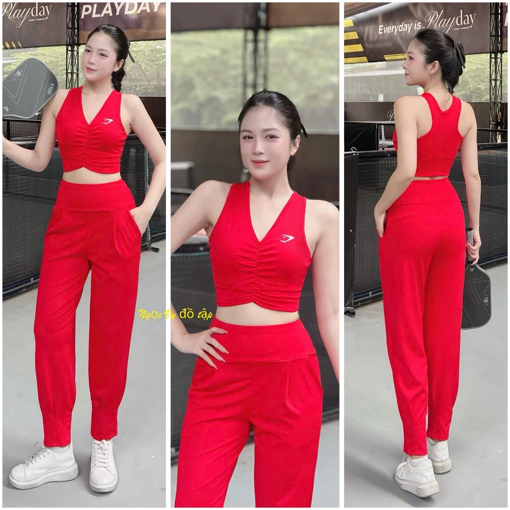 Bộ Quần Dài bo ống áo chun ngực Gym pickleball Yoga Erobic  chạy bộ Thể Thao Nữ