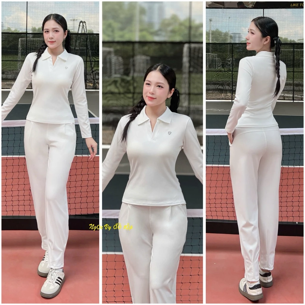 Bộ Quần Dài bo ống áo pholo dài tay Gym pickleball Yoga Erobic  chạy bộ Thể Thao Nữ