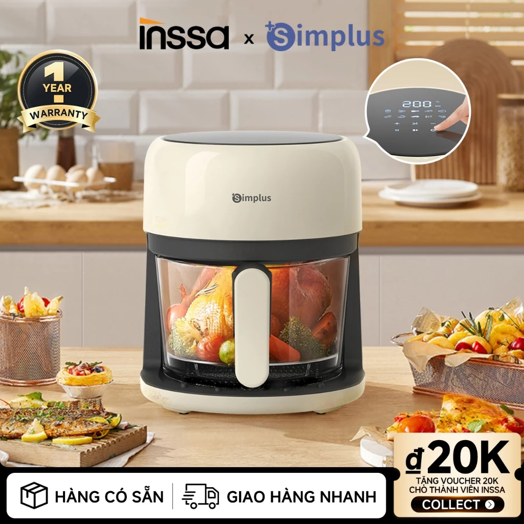 Inssa × Simplus Nồi Chiên Không Dầu Dung Tích 3.5L Lòng Nồi Thủy Tinh KQZG017 - Bảo Hành 1 Năm