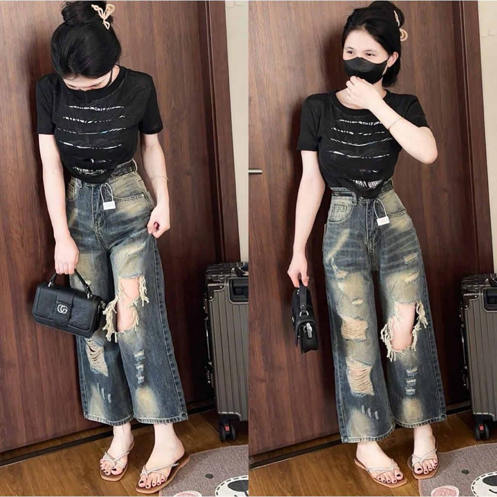 (87/97/103cm ) Quần jean loang nữ ống suông rộng QC  ( 7268 )