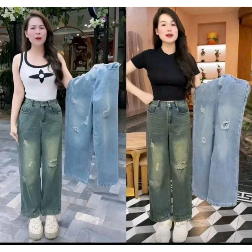 Quần Jean Nữ Ống Suông Cạp Khóa Phối Chun Họa Tiết Rách Trẻ Trung Năng Động  Vải Jean Thổ Dày Dặn Mềm Mịn