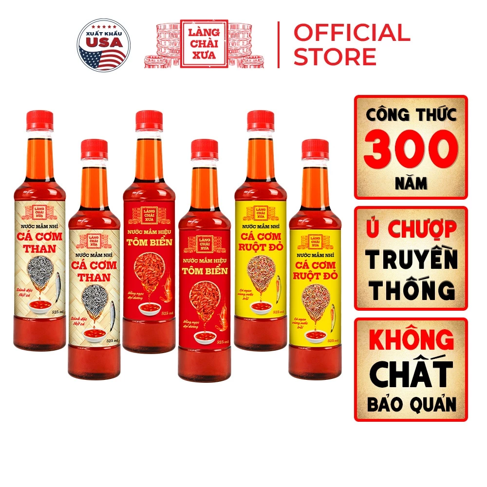 [TẶNG 1 NƯỚC TƯƠNG 125ML] Thùng 6 chai (2 THAN, 2 VÀNG, 2 TÔM) Nước Mắm Nhỉ Làng Chài Xưa chai nhựa 525ml
