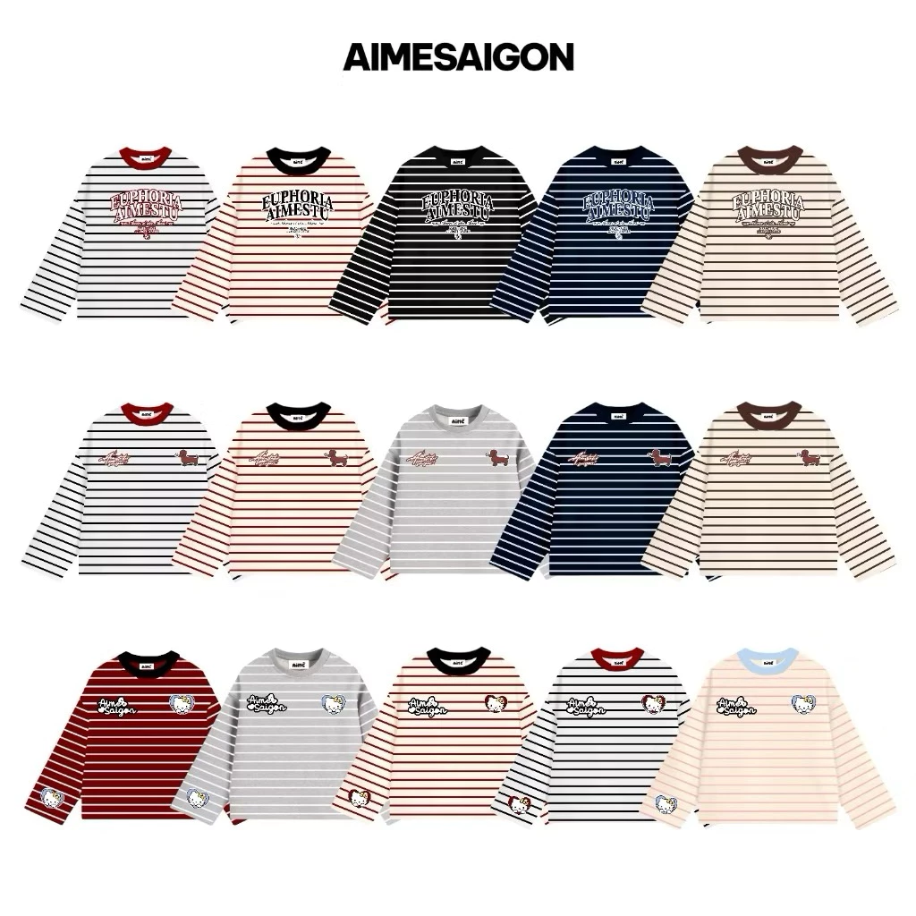 Aimesaigon Áo Thun Tay Dài Sọc Ngang Thun Borip QC Long Sleeve Boxy AIMÉ Form Rộng Cổ Tròn "DOG - EUPHORIA" Unisex