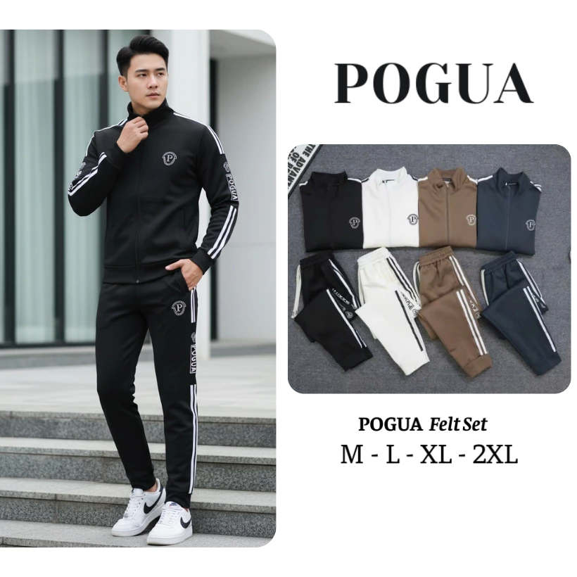 Bộ thể thao nỉ ép dày dặn POGUA nam nữ 2 phối viền dày dạn, ấm áp có khóa kéo chống nước hàng chuẩn chỉ như hình