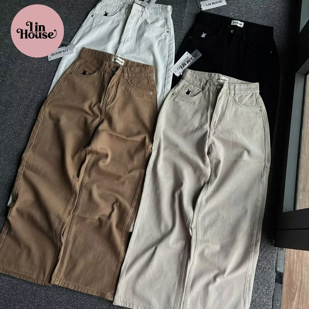 (MÃ THỎ) Quần Jean Nữ Suông Thêu Thỏ Dài 95/105cm – Form Nấm Lùn Tôn Dáng, Ống Rộng, Jean QC Cao Cấp Nữ Cute