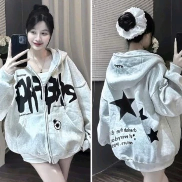 Hoodie Zip , Áo Khoác Nỉ Form Rộng Unisex In Chữ, Áo Khoác Hoodie Zip Nam Nữ Nỉ Bông 3 ngôi sao Form Unisex Thời Trang