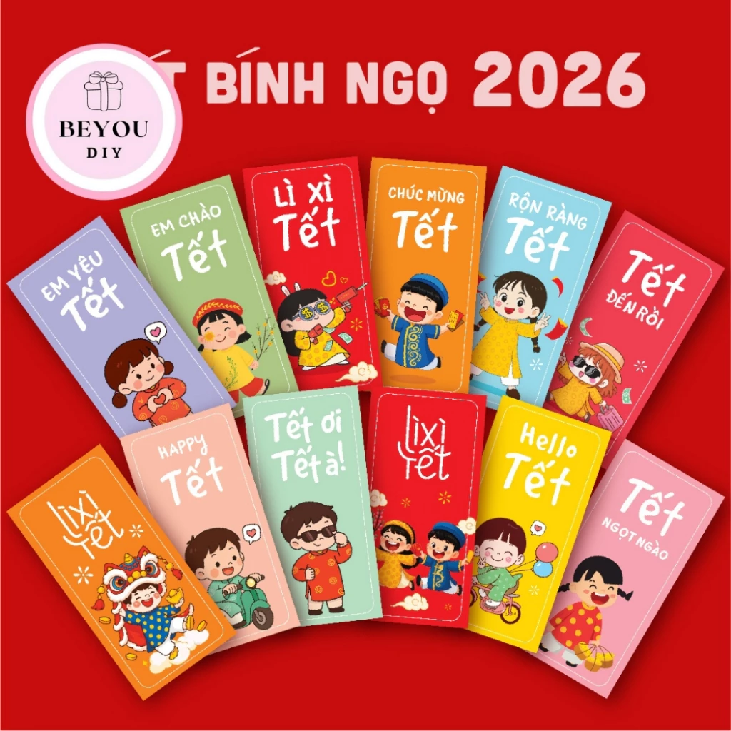 Bao Lì Xì Thiết Kế, Set 10, 20, 40, 60 Bao Lì Xì Tết Năm Mới 2026, Bé Chào Tết Nhiều Mẫu Dễ Thương