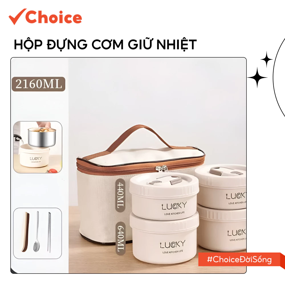 [New] [Choice] Hộp đựng cơm giữ nhiệt LS1-0657-405 dùng được cho lò vi sóng, bằng thép không gỉ tặng kèm túi