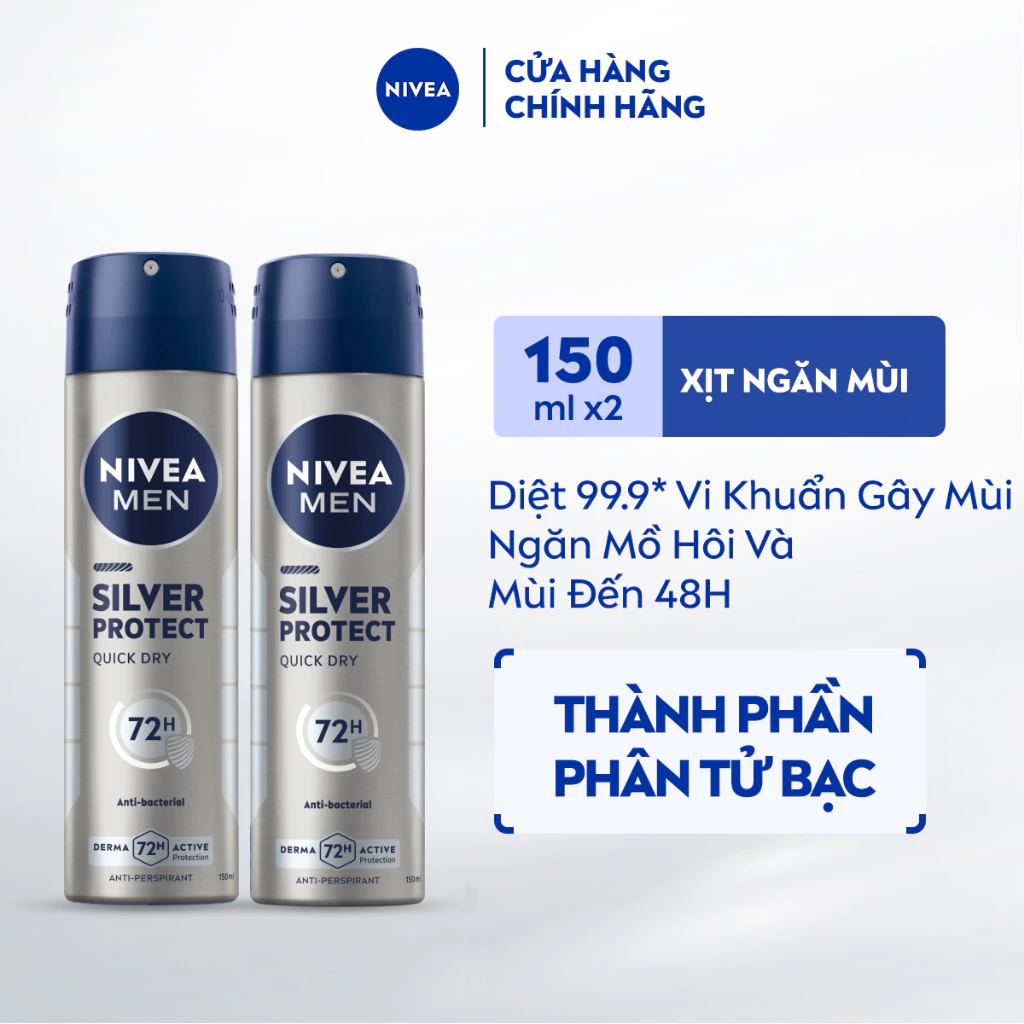 [WOO! x NIVEA] Bộ 2 Xịt Khử Mùi Nam NIVEA MEN Silver Protect Phân Tử Bạc Ngăn Khuẩn Gây Mùi Vượt Trội 150 ml - 82959x2