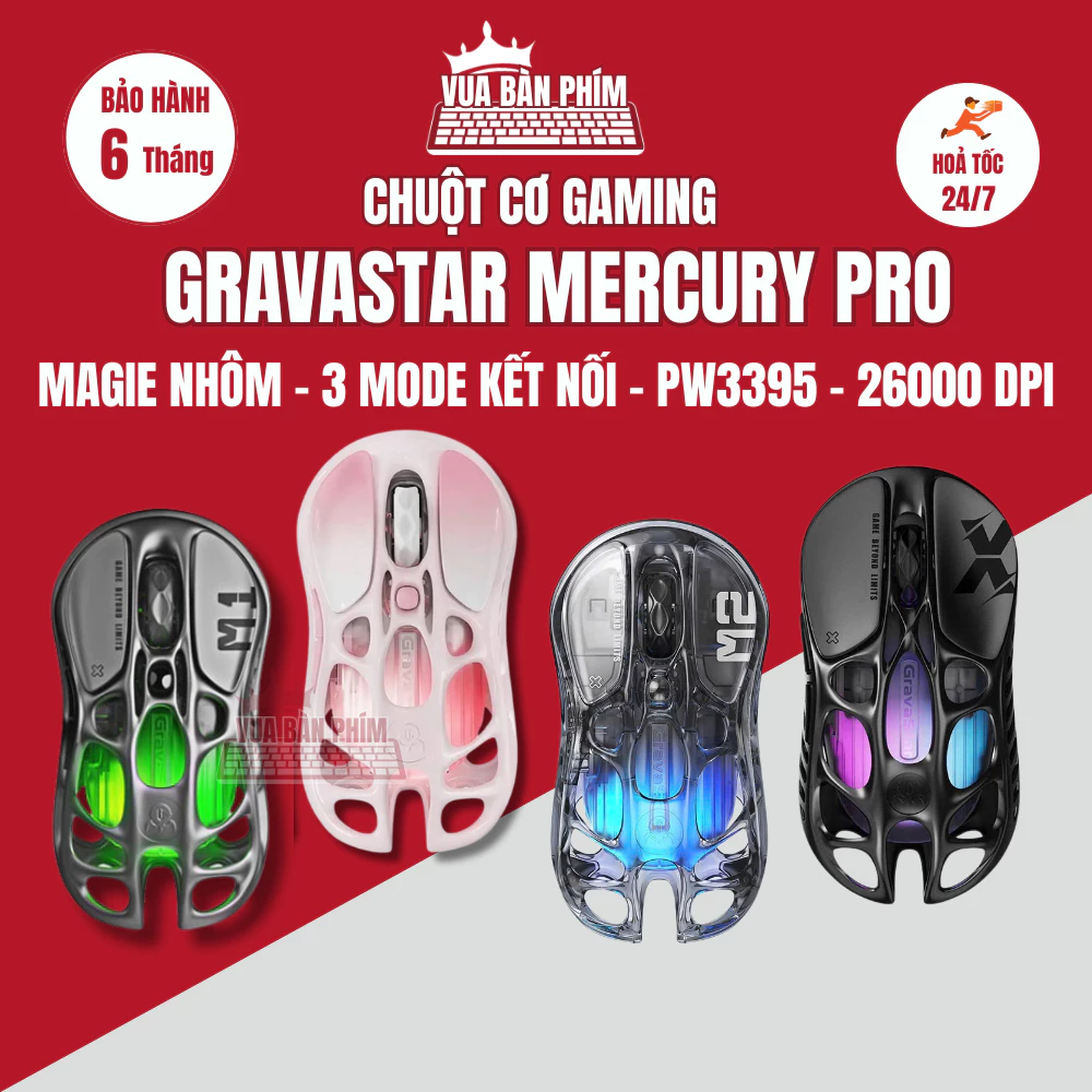 Chuột gaming Gravastar Mercury X Pro / M1 / M2 3mode ,thiết kế rỗng, led rgb Đèn nền Công thái học 26000dpi PAW3395