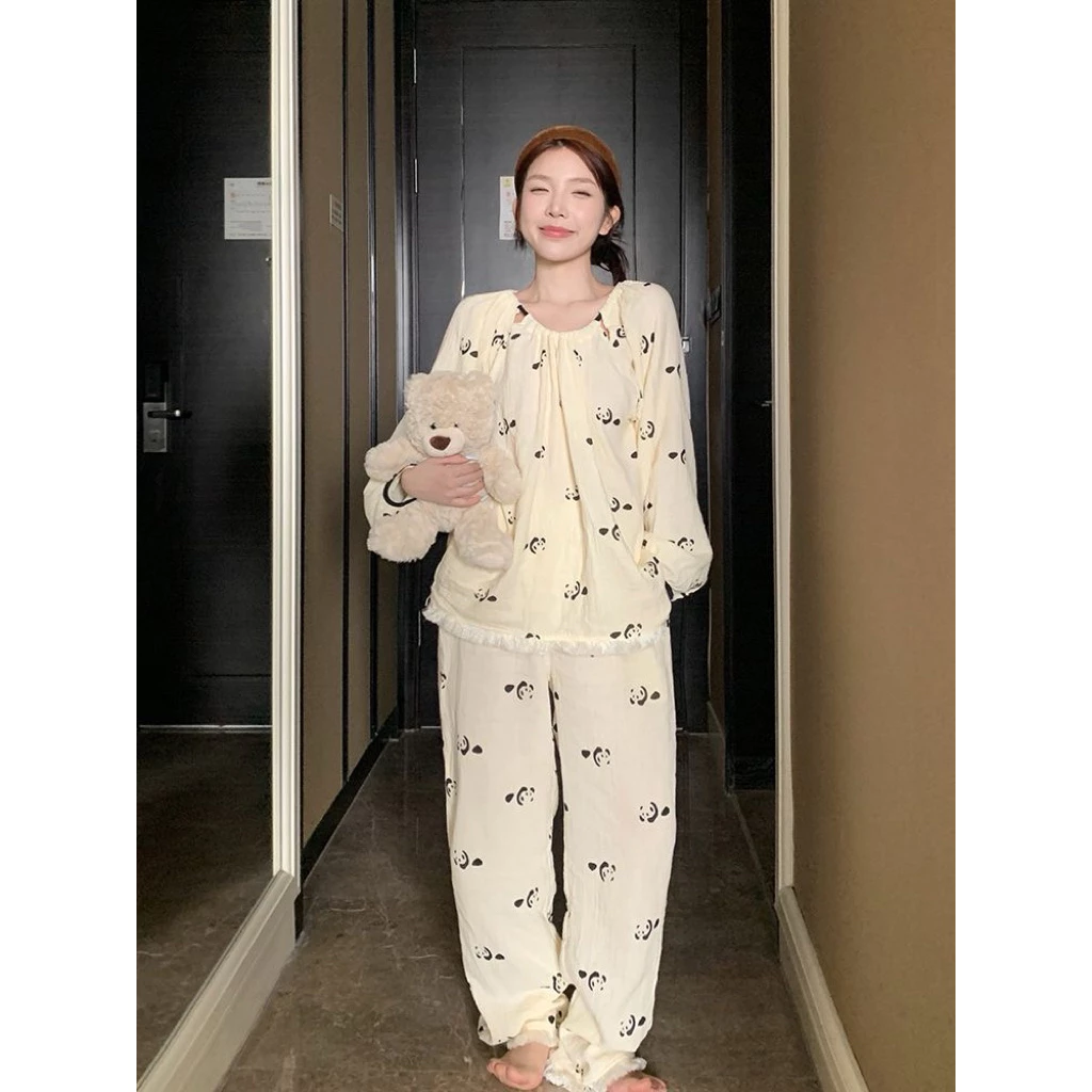 Bộ đồ ngủ gấu trúc tay dài chất muslin mềm mịn, dáng rộng dễ thương 🐼✨