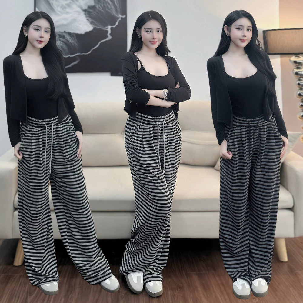 Quần ống rộng , quần ống suông chất len tăm L1 kẻ sọc cạp chun phối dây dày dặn mềm mịn không xù dài 100cm 23thang9 242