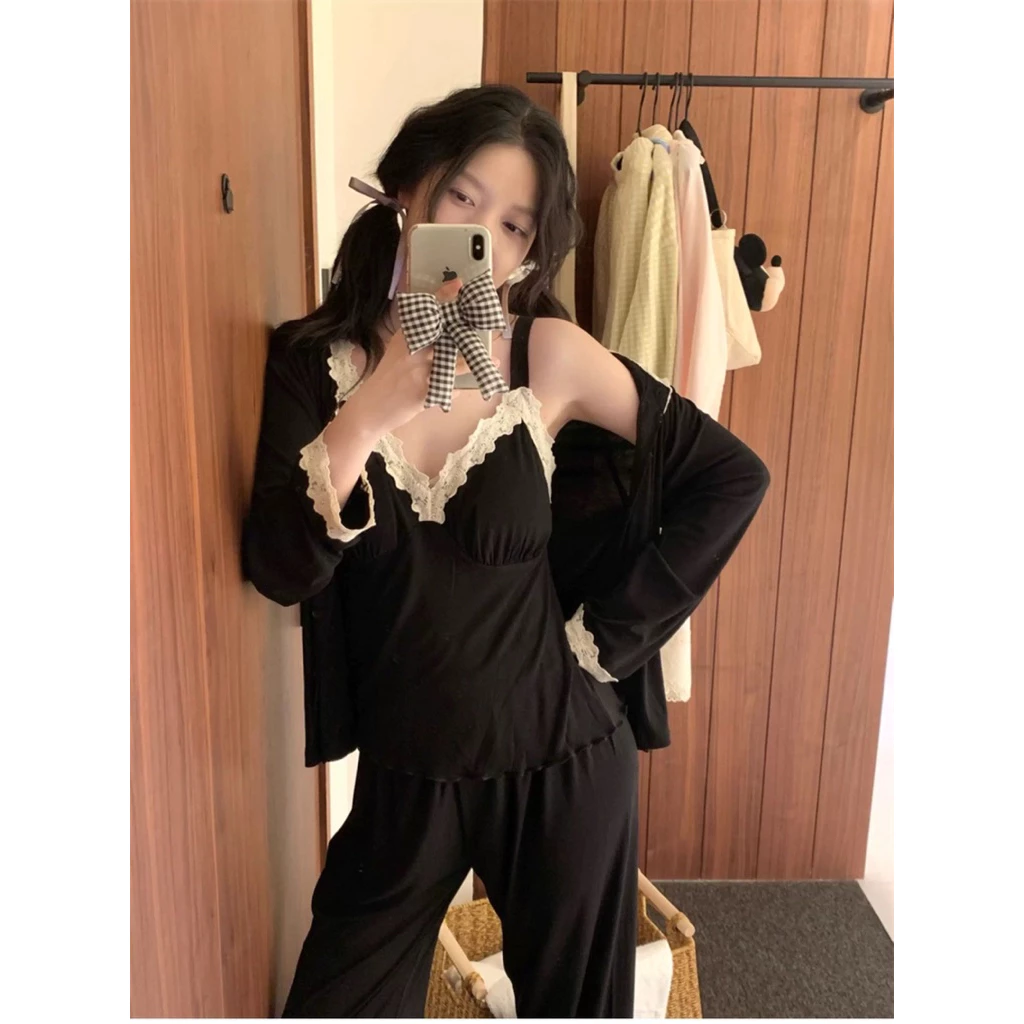 [SẴN] 887_ Set đồ nữ 3 món, pijama nữ dài tay chất cotton thun mềm hoạ tiết sọc xám | 9scat | Hàng QCCC