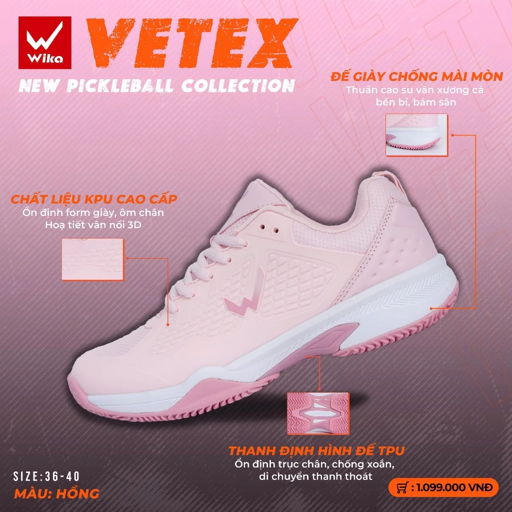 Giày Pickleball Wika Vetex Chính Hãng,Upper KPU Bền Bỉ, Giữ Form, Đệm Eva Giảm Chấn