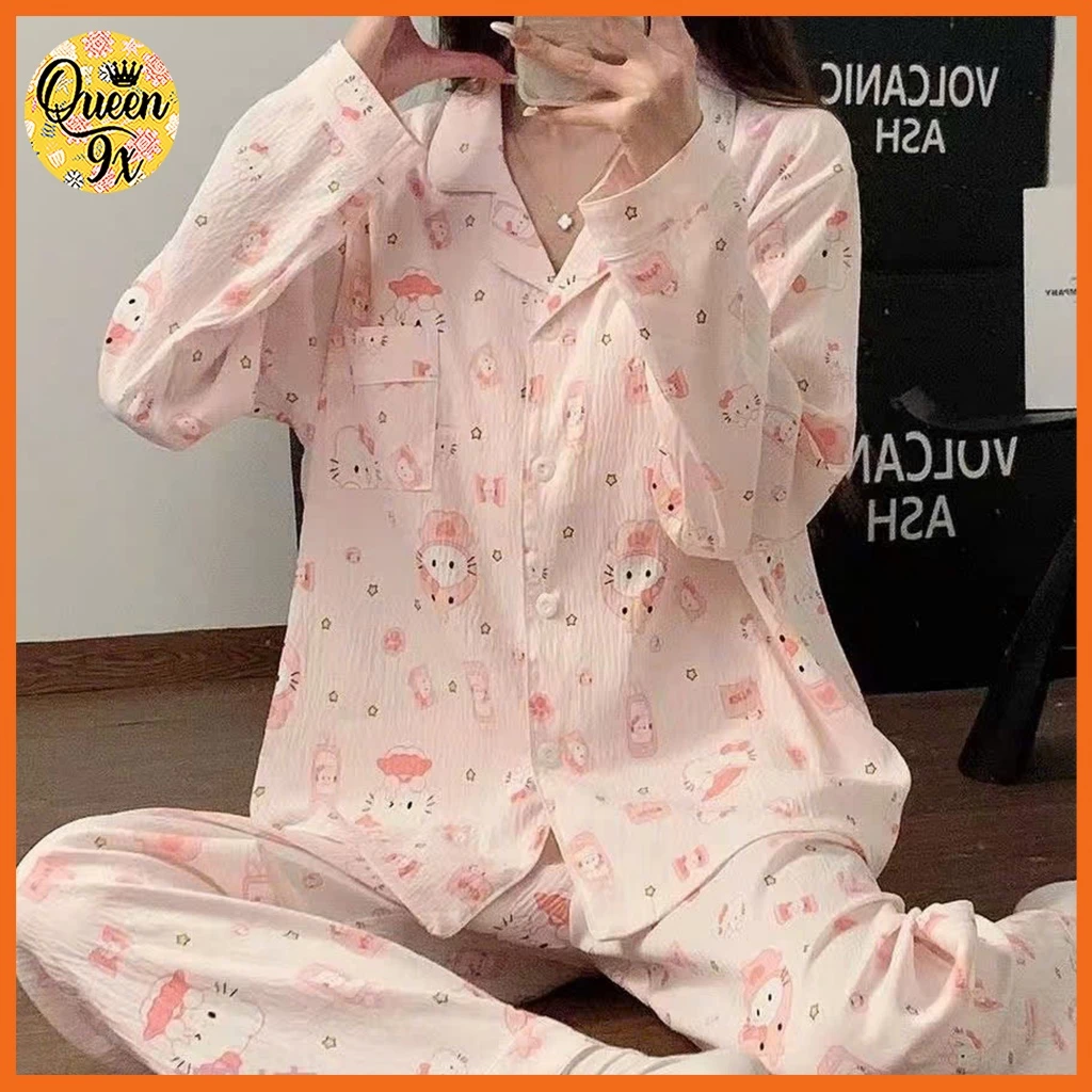 Bộ Pijama, Đồ Bộ Mặc Ở Nhà Cho Nữ Dáng Dài xinh xắn dễ thương Kity cute hồng