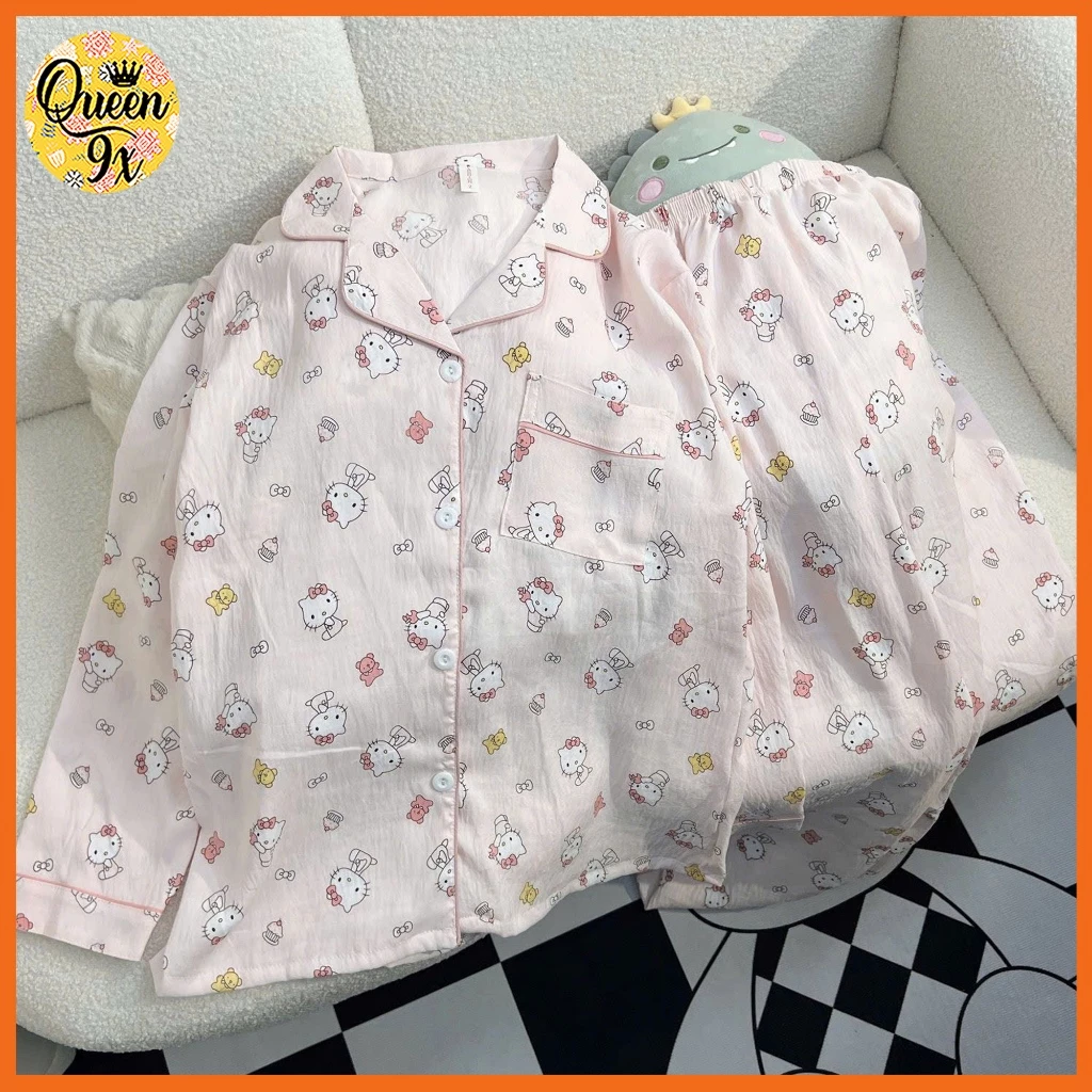 Bộ Pijama, Đồ Bộ Mặc Ở Nhà Cho Nữ Dáng Dài xinh xắn dễ thương mẫu kity và gấu vàng