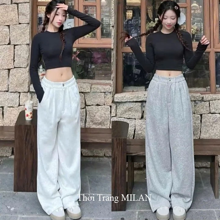 Quần nỉ 2 da ống rộng cạp chun lưng thun M61 co giãn dáng quần nỉ nữ ống rộng suông dài vải dày đi học làm chơi tôn dáng