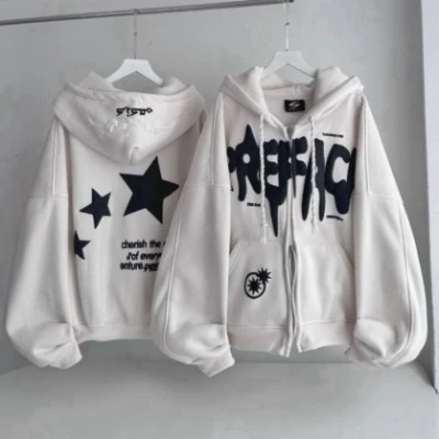 Áo Hoodie Tay Dài Khóa Kéo Chất Nỉ Bông Dày Dặn, Áo khoác hoodie zip Nam nữ 3 sao dập nổi tay phồng dây kéo chất nỉ dày